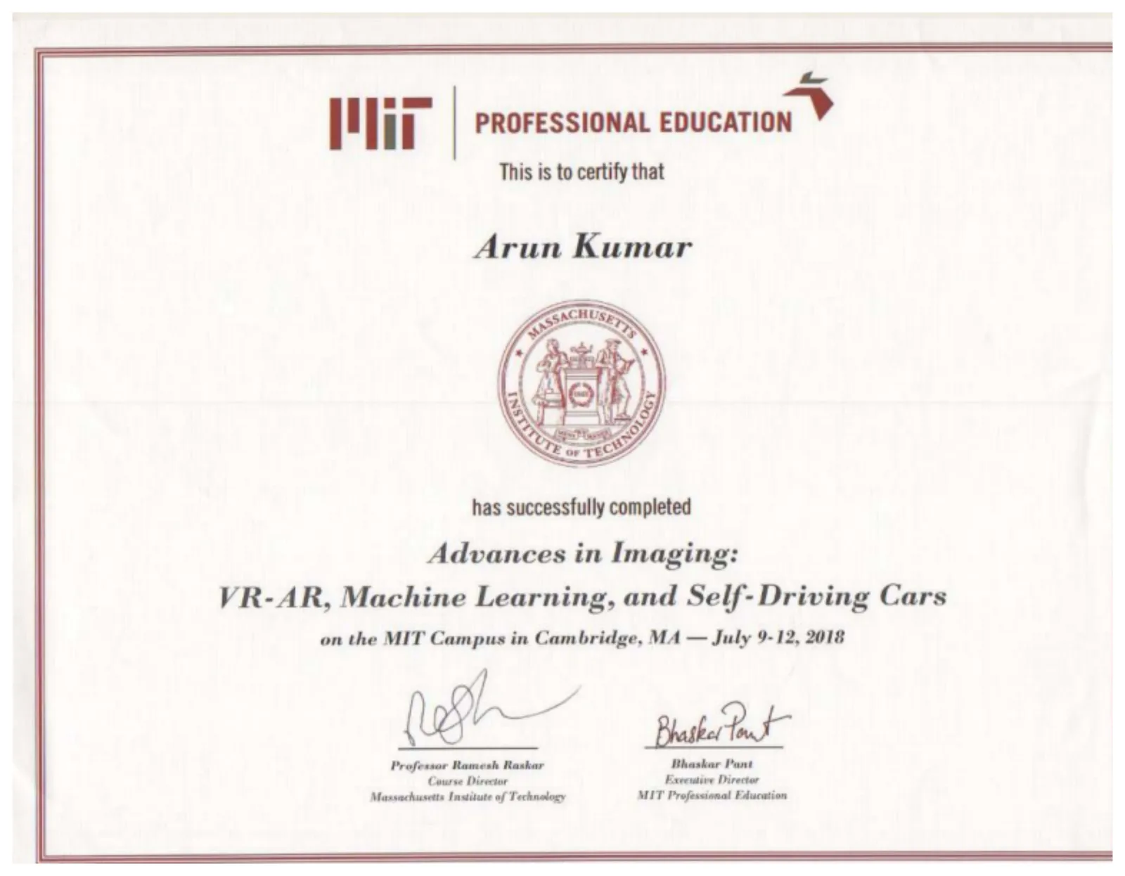 Certificate: Advances in Imaging: VR-AR, Machine Learning, and Self-Driving Cars