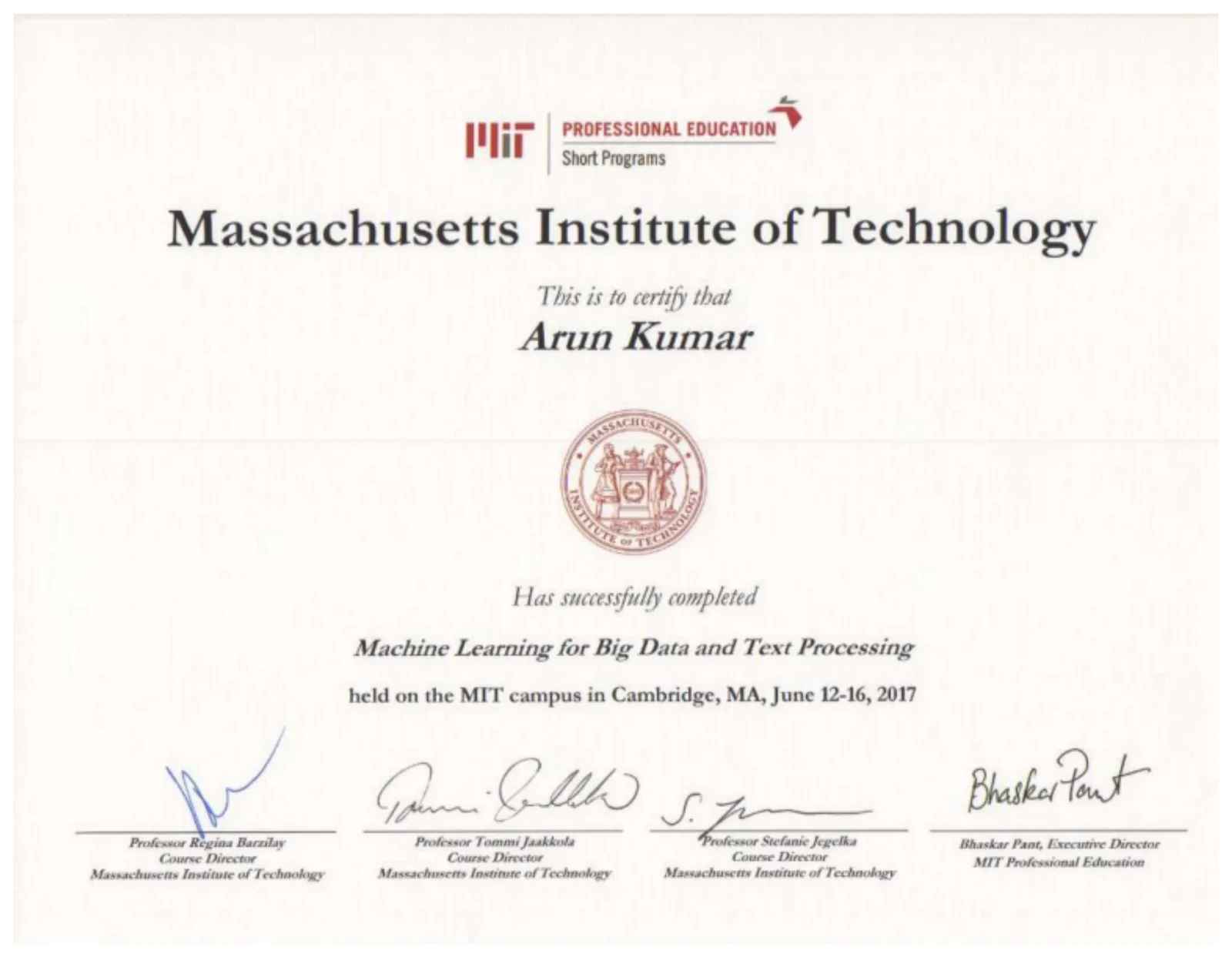 Certificate: Machine Learning for Big Data and Text Processing