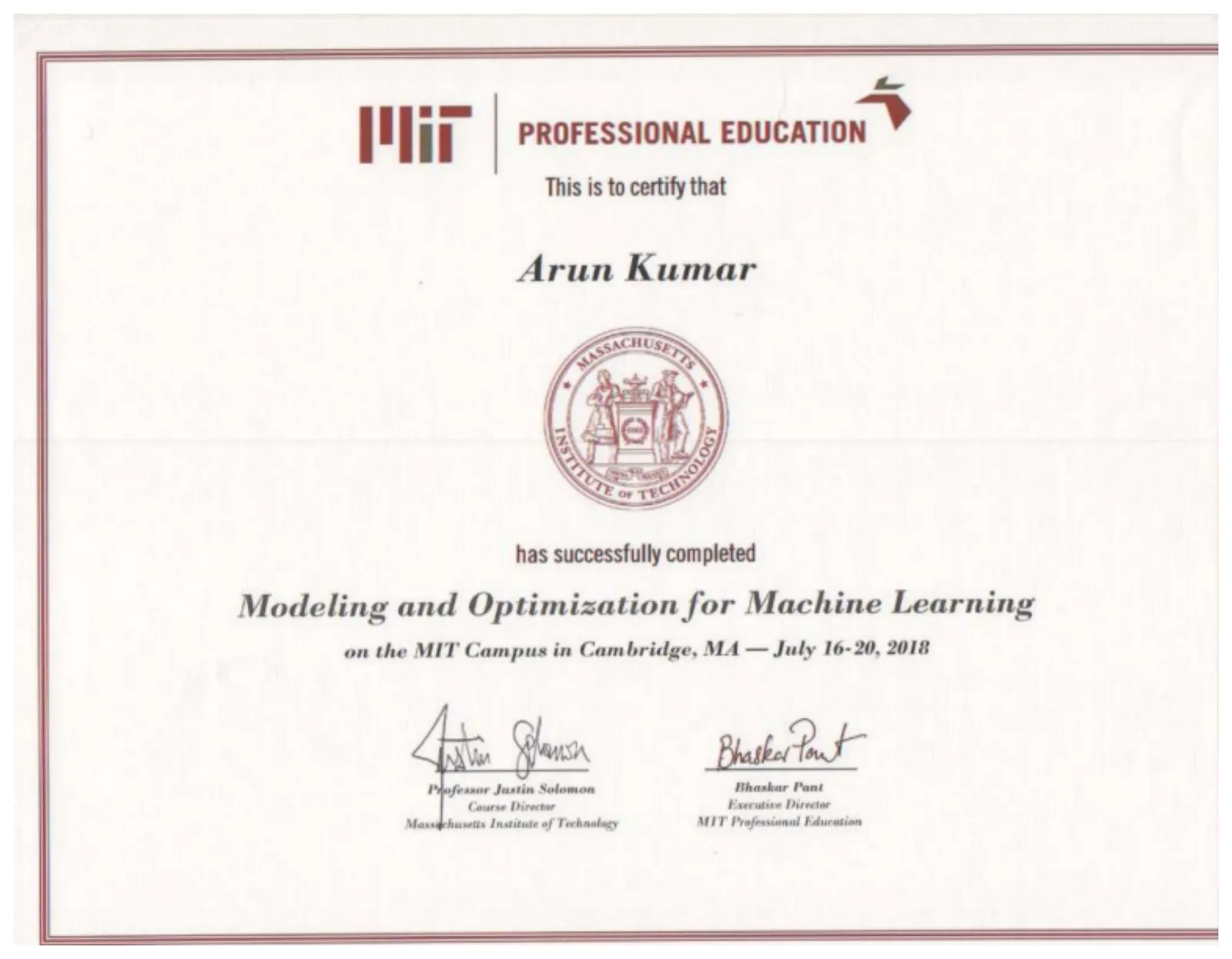 Certificate: Modeling and Optimization for Machine Learning