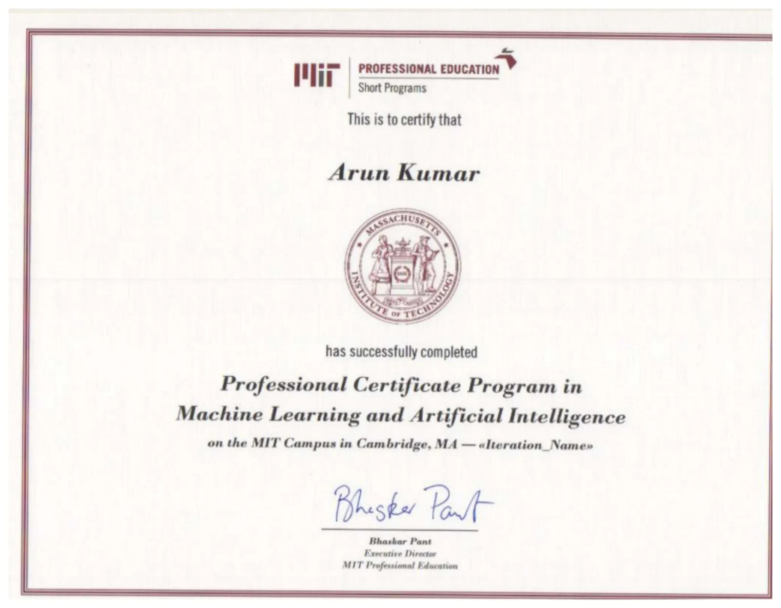 Certificate: Professional Certificate Program in Machine Learning and Artificial Intelligence